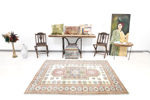 5x7 Oushak Rug, 5x7 Soft Pastel Oushak Rug, 5x7, Modern Handmade Aesthetic, 5x7 Rugs, Pale Red & Green Carpet, Oushak Rug, Rug For Bedroom