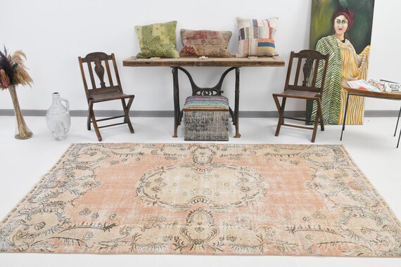 5x9 Faded Turkish Rug, 5x9 Turkish Rug, Handmade Wool Rug, 5x9 Area Rug, Faded Peach Rug, 5x9 Vintage Rug,Unique Rug, 5x9 Beige Rug,