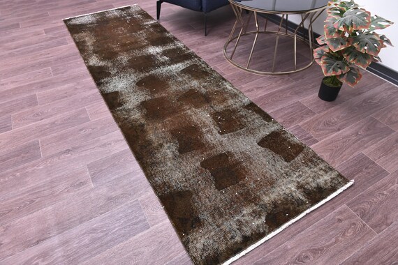 3x9 Vintage Overdyed Turkish Runner Rug, 3x9 Faded Hallway Rug, 3x9 Handmade Runner Rug, Brown Color, Farmhouse Rug, 3x9 Hallway Runner