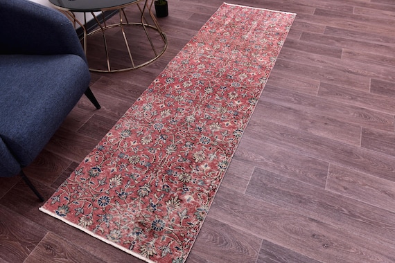 2x8 Vintage Faded Runner Rug, 2x8 Handmade Geometric Runner, Pink  Green Color, 2x8 Elegant Runner, 2x8 Hallway Rug, 2x8 Kithcen Runner Rug,