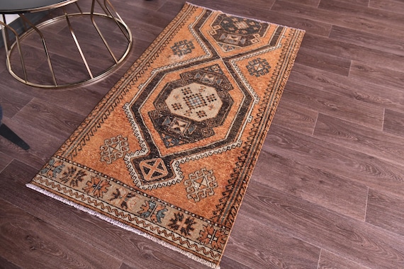 3x5 Vintage Peach Accent Rug, Traditional Turkish Rug, 3x5 Peach Brown Color, Handmade Wool Rug, 3x5 Doormat Rug, Small Runner Rug, 3x5 Rug