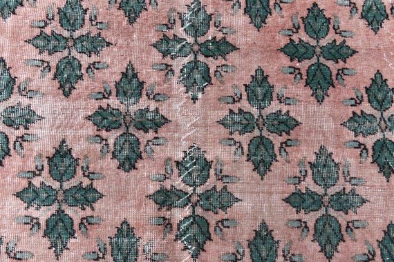 6x9  Vintage Leafs Rug, Pink Green Color Rug, Handmade Decor, Turkish Area Rug 6x9, Living Room Rug, Antique Tapestry, Turkish Wool Rug