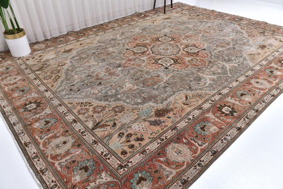 10x13 Antique Persian Area Rug, Red Gray Color Rug, 10x13 Handmade Luxury Rug, Large Area Rug, 10x13 Rug, Oriental Rug, Genuine Rug 10x13