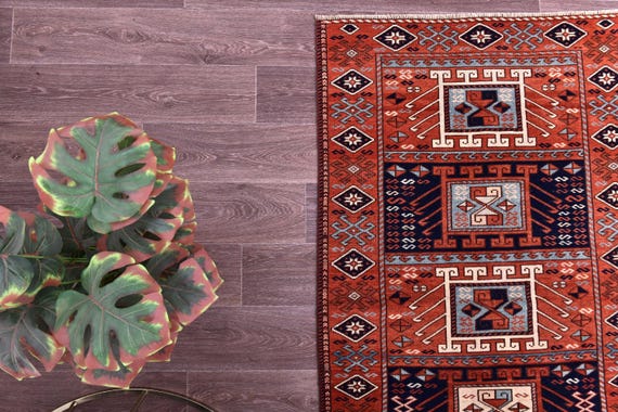 3x11 Vintage Turkish Runner Rug, Rich Red Navy Blue Color, Handmade Wool, 3x11 Hallway Kithcen Rug, Soft Wool Rug, Traditional Runner Rug