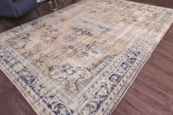 8x12 Oversize Vintage Faded Area Rug, 8x12 Muted Orange Blue Rug, Handmade Wool Rug, 8x12 Area Rug, Farmhouse Rug, 8x12 Living Room Rug