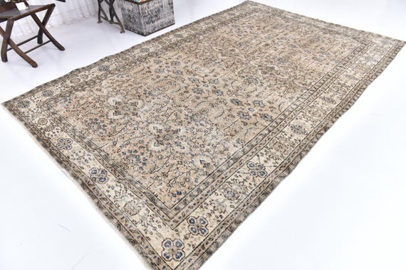 Antique Vintage Turkish Rug 7x10 Boho-Decor Rug - 7x10 Soft Pastel Oriental Eclectic Rug - Aesthetic Handmade Wool Rug - Brown Beige Carpet