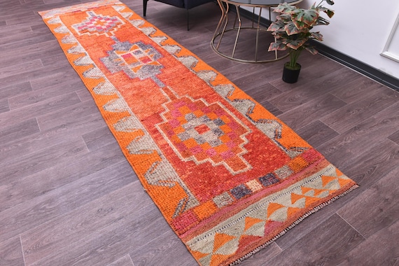 3x11 Vintage Runner Rug, Red Orange Cream brightly Color, Handmade Wool Rug, 3x11 Hallway Kithcen Rug, Soft Wool Rug 3x11 Traditional Runner