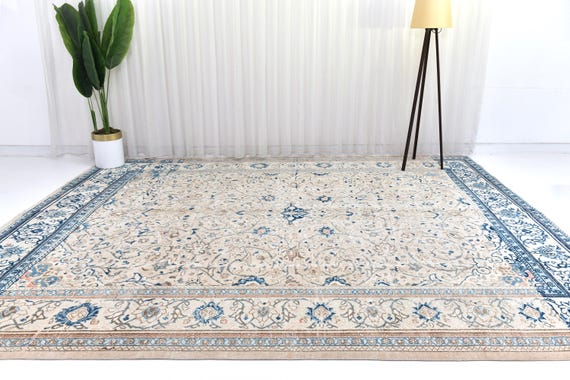 9x11 Antique Unique Persian Area Rug, Blue, Beige Color Rug, 9x11 Luxury Rug, Large Area Rug, 9x11 Rug, Traditional Rug, Decorative Rug