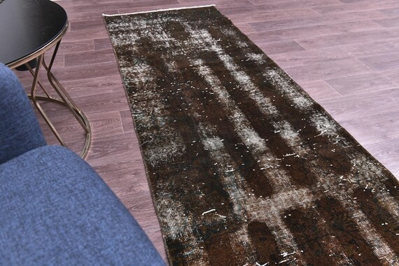 2x10 Vintage Overdyed Brown Runner Rug, Handmade Wool Rug, 2x10  Brown Color, 2x10 Floral Hallway Rug, 2x10 Kithcen Runner Rug