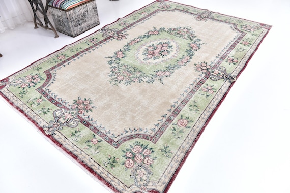 6x9 Faded Vintage Floral Rug, Green Cream Color, 6x9 Area Rug, Farmhouse Decor, Victorian Style Rug, 6x9 Rug, Living Room Rug Medallion Rug