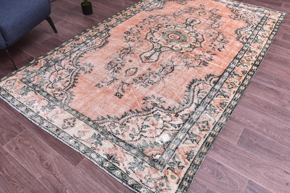 5x9 Vintage Salmon Faded Rug, Handmade Wool Rug, 5x9 Salmon Green Cream Color, 5x9 Farmhouse Rug, 5x9 Living Room Bedroom Rug, Medallion Rug