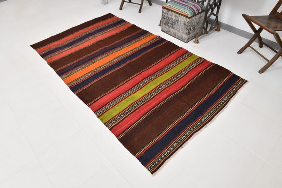 4x8 Striped Vintage Kilim Rug, 4x8, Classic Striped Style Kilim, 4x8 Handmade Kilim Rug, Country Farmhouse Decor, Wool Jute Kilim Rug