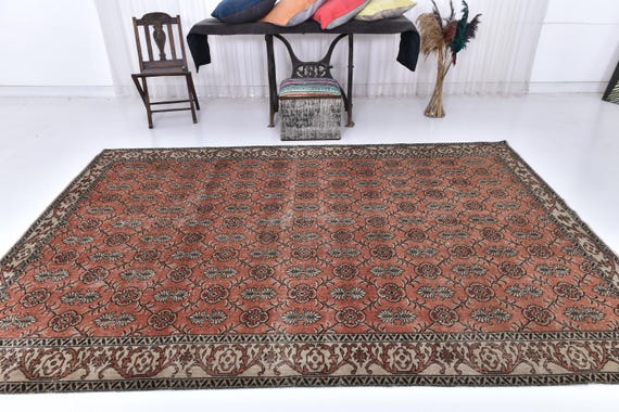 Antique Vintage Turkish Rug, 7x10 Salmon & Red Color Rug, Handmade Soft Wool Rug, 7x11 Aesthetic Rug, Rug for Living Room, Antique Rug 57's