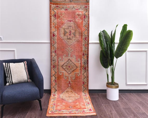 3x9 Vintage Peach Handmade Wool Soft Traditional Runner Rug, Outlet