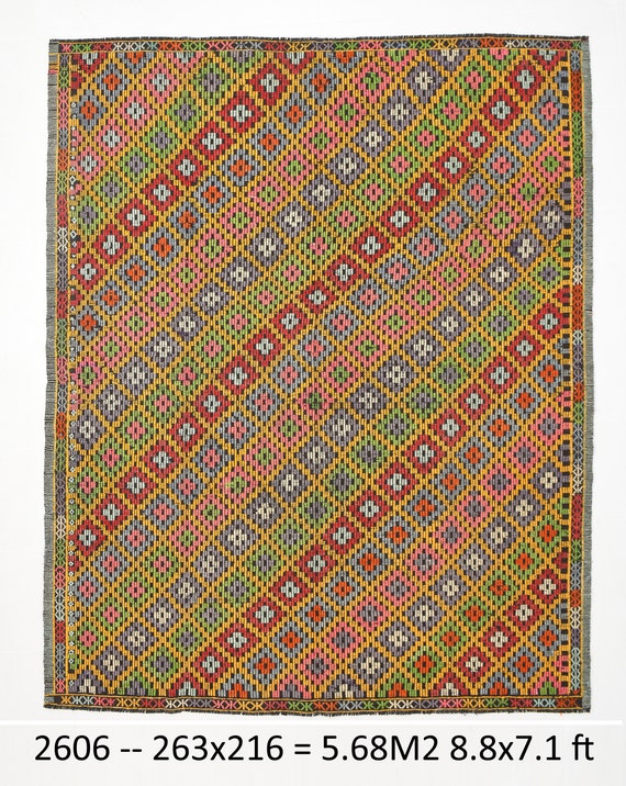 7x8 BOHEMIAN VINTAGE KILIM, Kilim Rug, 7x8 Area Kilim Rug, 7x8 Kilim Rug, Geometric Kilim Rug, Green / Blue / Red, Turkey Rug, 7.1x8.8 Ft