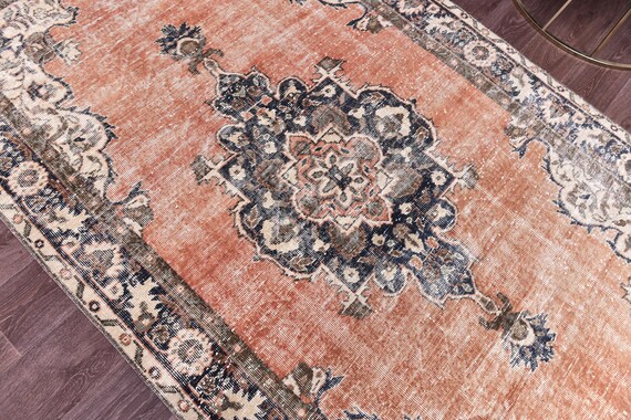 5x8 Turkish Faded Rug, Peach Blue Color, 5x8 Handmade Wool Rug, Living Room Bedroom Rug, 5x8 Antique Medallion Rug, 5x8 Oushak Rug, 5x8 Rug
