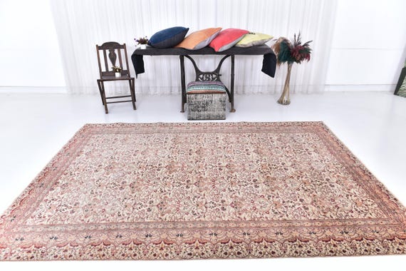 Antique Vintage Turkish Rug, 6x9 Anatolian Rug, Vivid Red & Salmon Aesthetic Rug, Oushak Handmade Rug, Floral Classic Style Red 58's Vintage