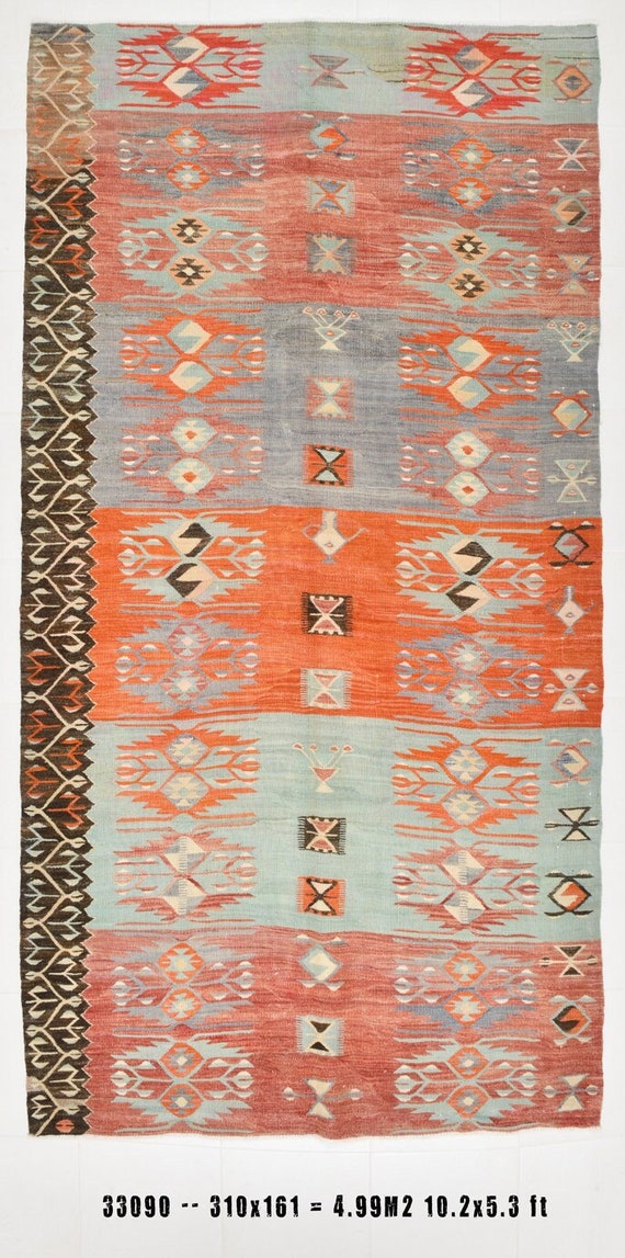 5x10 Area Rug, Kilim Rug 5x10, 5x10 TURKISH VINTAGE KILIM Rug, 5x10, Soft Pastel Kilim, Handmade Wool Kilim, Rugs 5x10, Green & Orange Kilim