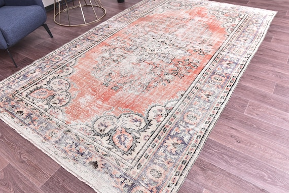 6x10 Vintage Faded Turkish Area Rug, Green Terracotta Color, 6x10 Handmade Wool Rug, 6x10 Soft Area Rug 6x10 Living Room Rug 6x10 Area Rugs