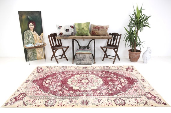 6x9 Area Rug, 6x9 Oriental Vintage, 6x9 Beige & Wine Red Vintage Rug, Aesthetic Handmade Wool Rug, Vintage Rug 6x9, Rug For Living Room