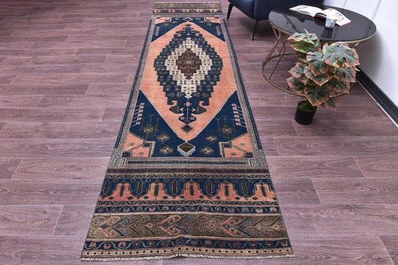 3x11 Vintage  Runner Rug, Salmon Navy Blue Color, Handmade Wool Rug, 3x11 Hallway Kithcen Rug, Soft Wool Rug, 3x11 Traditional Runner Rug