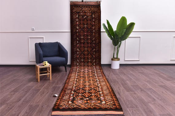 3x15 Vintage Brown Runner Rug, Handmade Soft Wool, Tribal Turkish Pattern Runner, Hallway Rug