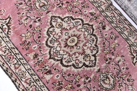3x7 Vintage Turkish Peach Accent Rug, Pink Green Cream Color, Handmade Wool, 3x7 Accent Rug, Medallion Design, 4x7 Living Room Bedroom Rug