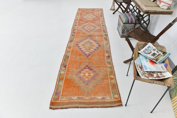 3x12 TURKISH VINTAGE HERKI Runner Rug, 3x12, Vintage Runner, Handmade Wool Oushak Herki, 3x12 Runner Rug, Turkish Vintage Runner 3x12, 61s