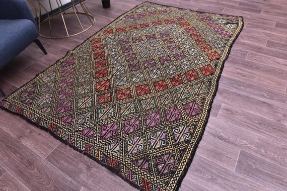 5x8 Vintage Turkish Kilim Rug, 5x8 Rug, Red, Gold, Purple Color, 5x8 Handmade Wool Jute Rug, 5x8 Traditional Turkish Rug, 5x8 Kilim Rug