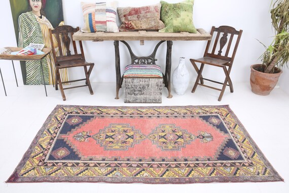 4x7 Area Rug, 4x7 Bordered Vintage, 4x7 Oriental Turkish Vintage Rug, 4x7, Handmade Wool Rug, Red Navy Blue Vintage, 4x7 Rug, Rugs Teppich