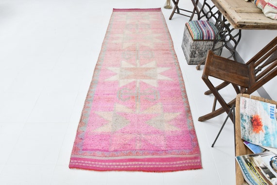 3x11 Runner Rug, Herki Runner 3x11, 3x11 TURKISH VINTAGE RUNNER Rug, 3x11, Wool Handmade Herki Oushak, Herki Runner 3x11, Pink Beige Rug,