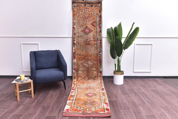 2x12 Vintage Copper Hallway Rug, Turkish Handmade Wool Rug, Kithcen Rug, 2x12 Tribal Rug