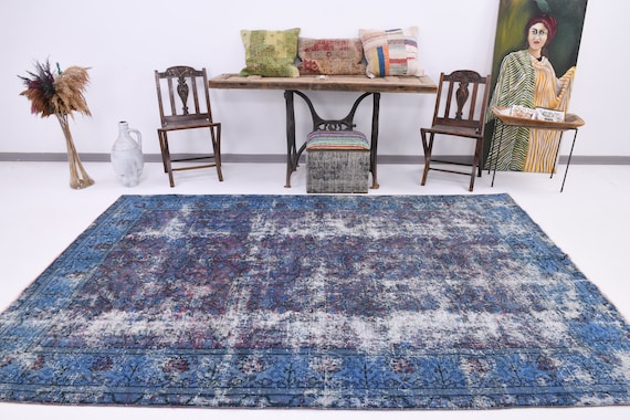 6x10 Blue Oversize Vintage Rug, 6x10 Oversize Large Area Rug Handmade Oushak Rug 6x10 Area Rug Blue Vintage Rug Large Area Rug Bedroom Rugs