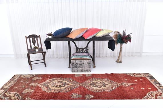 Antique Vintage Turkish Rug, 3x12 Soft Red Runner Rug, 3x12 Oushak Runner Rug, 3x12 Soft Wool Handmade Runner, 3x12 Boho-Decor Runner Rug,