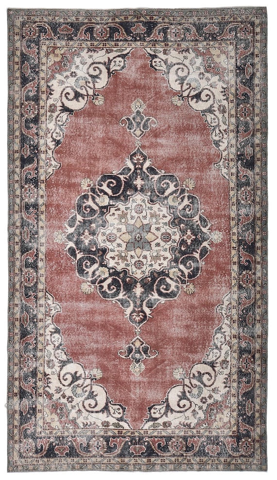 6x11 Medallion Red and Navy Blue Persian Rug, 6x11 Long Wide Persian Rug, 6x11 Rug, Handmade Wool Rug, 6x11 Vintage Rug, Medallion Red Rug.