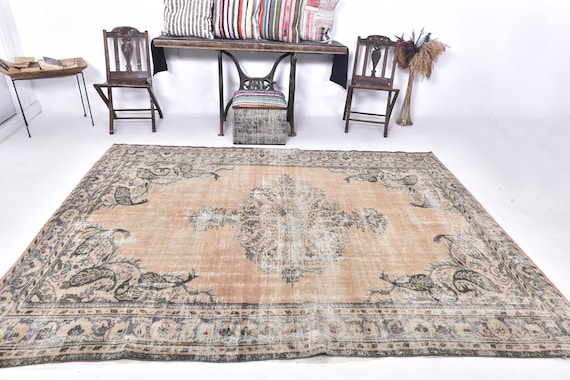 7x9 Area Rug, 7x9 Antique Vintage, 7x9 Steel Gray Turkish Vintage Rug, Rugged Handmade Wool Rug, 7x9 Rugs, Vintage Rug 7x9, Rug For Bedroom