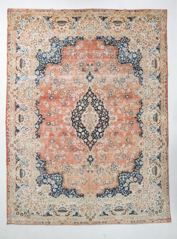 10x14 Rugs, 10x14 Peach Navy Blue Persian Rug, Oversize Persian Rug, Large Area Rug, 10x14 Area Rug, Oriental Antique Style, Rug For Palace