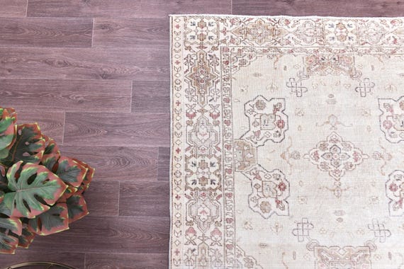 8x11 Vintage Faded Area Rug, Brown Cream Color Rug, Handmade Wool Rug, Unique Style Living Room Rug
