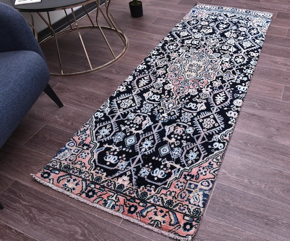 2x7 Vintage Runner Rug, Black Pink Color, Handmade Runner Rug, 2x7 Turkish Runner, 2x7 Area Rug, Hallway Rug, 2x7 Persian Style Rug