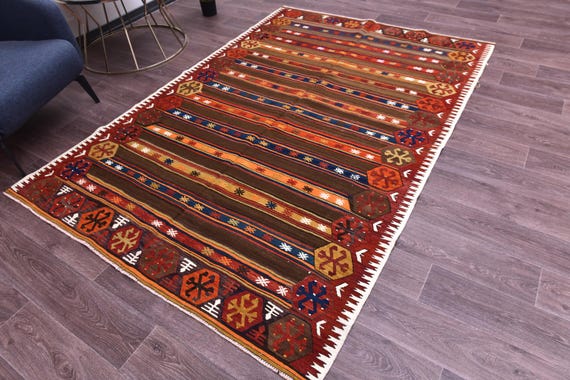 5x8 Vintage Turkish Kilim Rug, 5x8 Rug, Burgundy Blue Orange Color, 5x8 Handmade Wool Jute Rug, 5x8 Traditional Turkish Rug Tribal Kilim Rug