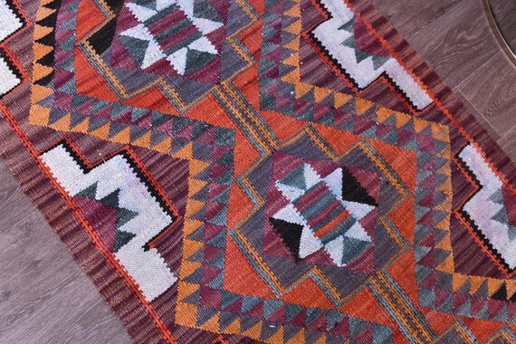 3x14 Vintage Kilim Runner Rug, 3x14  Runner, 3x14 GEOMETRIC RUNNER RUG, 3x14 Wool Handwoven Rug, Red Purple Color, 3x12 Turkish Kilim Runner