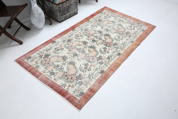 3x6 Vintage Botanical Area Rug, Terracotta Border Green Pink Floral, 3x6 Rugged Rug, Traditional Floral Rug, 3x6 Area Rug, Boho Decor Rug
