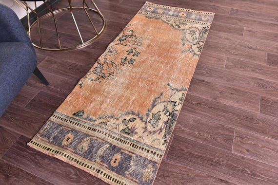 2x6 Vintage Runner Rug, Orange Blue Color, 2x6 Handwoven Oriental Runner, 2x6 Hallway Runner Rug, 2x6 Handmade Wool Rug, 2x6 Turkish Rug