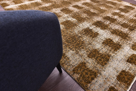 7x10 Vintage Overdyed Faded Rug, Mustard Brown Color, 7x10 Handmade Wool Rug, Farmhouse Rug, 7x10 Antique Faded Rug, 6x10 living Room Rug