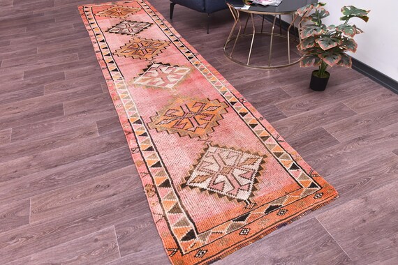 3x12 Handmade Vintage Wool Runner Rug, Rug For Hallway Kithcen, Peach Black Cream Color, Oriental Runner