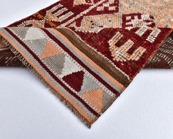2x12 Rug, 2x12 Vintage Runner, 2x12 HERKI VINTAGE RUNNER Rug, 2x12 Runner Rug, Red Orange Vintage, Geometric Style, 2x12 Turkish Runner, 57s