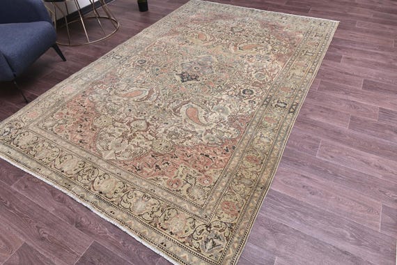 6x9 Vintage Faded Area Rug, Sage Green Border Rug, 6x9 Area Rug, Traditional Gome Decor, Botanical Design Rug, 6x9 Rug, Dining Area Rug