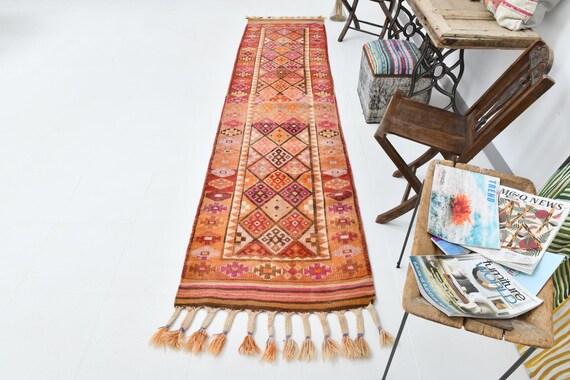 2x11 Rugs, 2x11 VİNTAGE TURKİSH RUNNER Rug, 2x11, Brunt & Orange Turkish Runner, Hand-Made Turkey Rug, 2x11 Narrow Long Vintage Runners