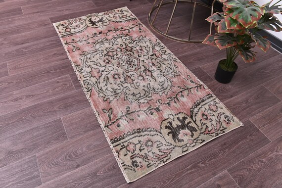2x5 Vintage Runner Rug, 2x5 Pastel Color Rug, 2x5 Rug, Handwoven Wool Rug, 2x5 Hallway Rug, 2x5 Turkish Runner, Cream Pink Color Rug