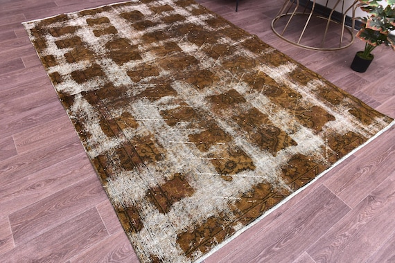 5x8 Vintage Handmade Overdyed Turkish Faded Rug, Dark Mustard Color,